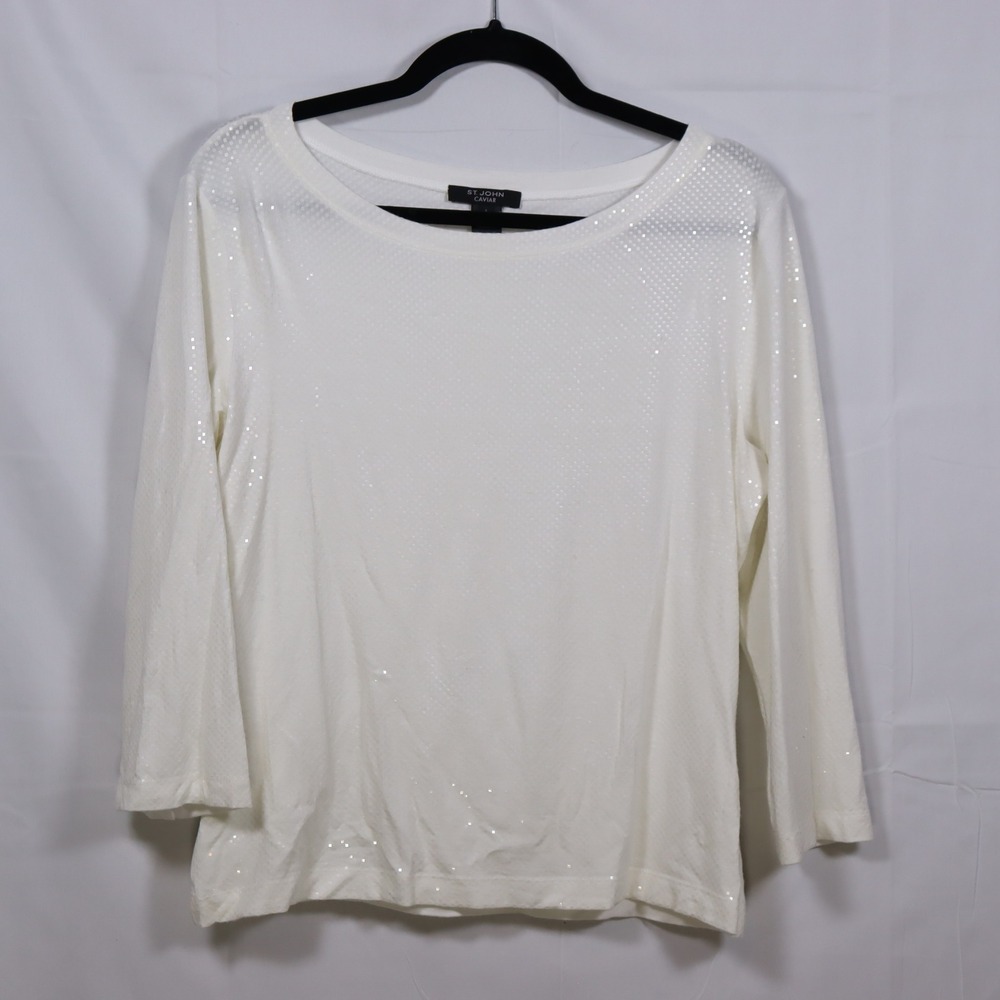 St John Caviar Sequin Top L White Womens Glam Sparkle Shirt
